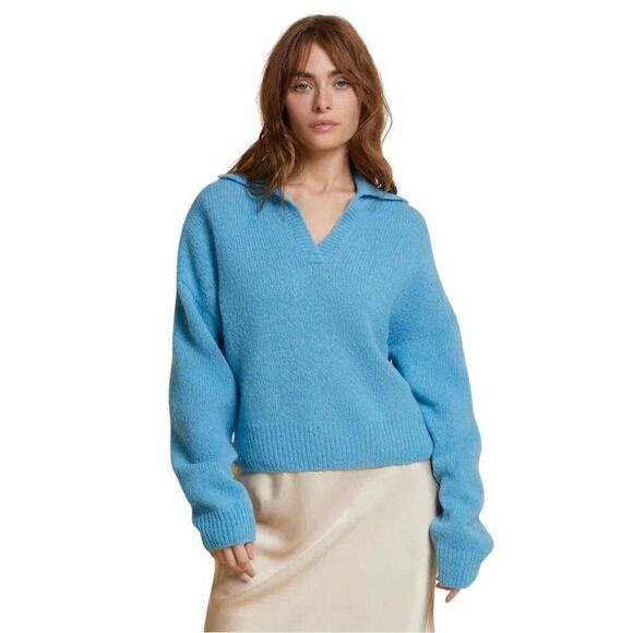 Revolve x Nation LTD Georgie Polo Sweater Cropped Alpaca Wool Size L Blue - Picture 1 of 10